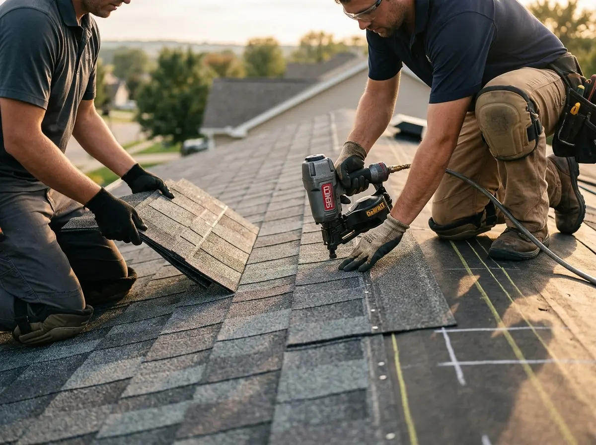 Professional roofer working on a residential roof in Eastham